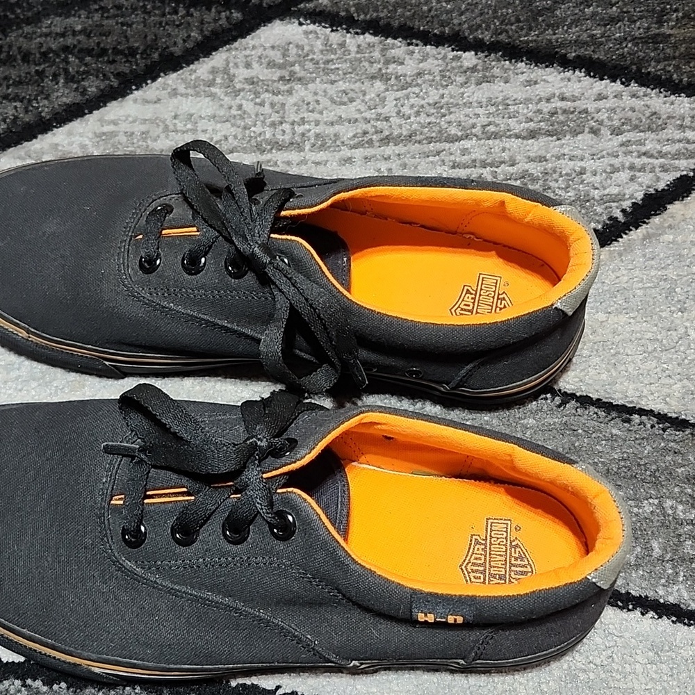 HARLEY DAVIDSON MOTORCYCLE LAWTHRON BLACK CANVAS ORANGE PINSTRIPES SNEAKERS - Picture 5 of 12